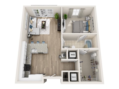 Floor plan for 1 bed, 1 bath, 733 sqft